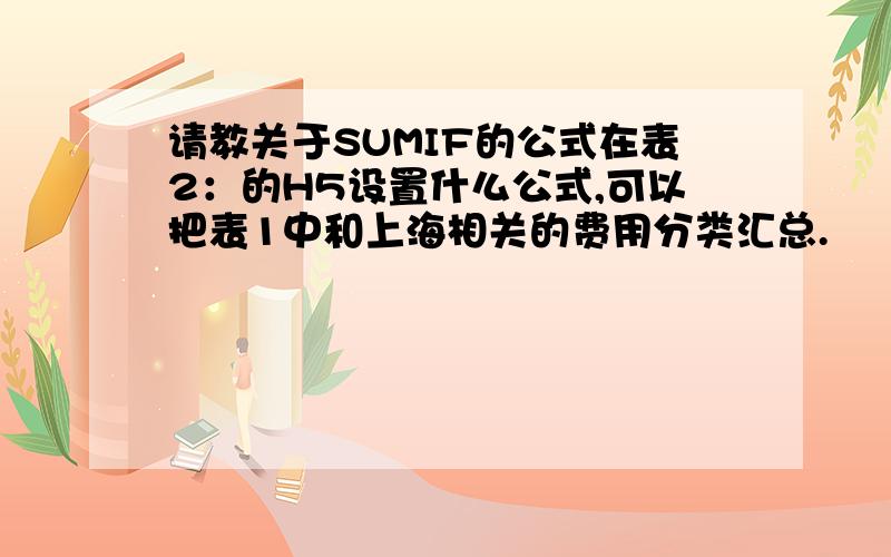 请教关于SUMIF的公式在表2：的H5设置什么公式,可以把表1中和上海相关的费用分类汇总.