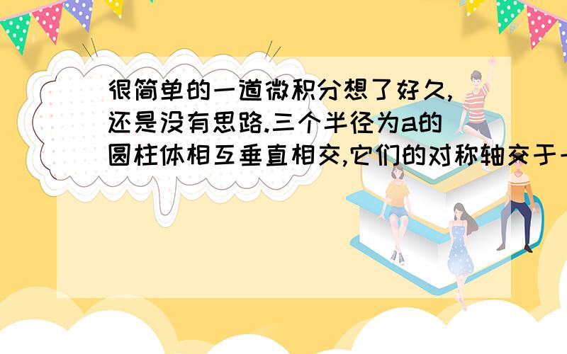 很简单的一道微积分想了好久,还是没有思路.三个半径为a的圆柱体相互垂直相交,它们的对称轴交于一点,求所得相贯立体的全表面积.（第一类曲面积分）一楼说的很清楚，但是我还是不是很