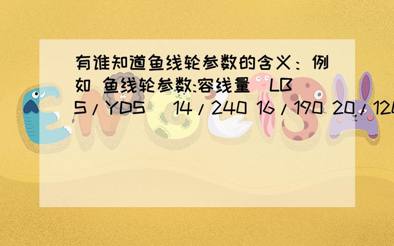 有谁知道鱼线轮参数的含义：例如 鱼线轮参数:容线量(LBS/YDS) 14/240 16/190 20/120 容线量（mm/M)0.35/270 0.40/210 0.5/130 通常我们说几号线能缠多少米,在哪能看出来啊,