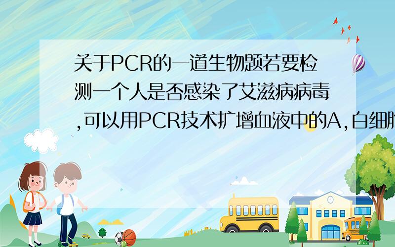 关于PCR的一道生物题若要检测一个人是否感染了艾滋病病毒,可以用PCR技术扩增血液中的A,白细胞DNA B,病毒蛋白质 C,血浆抗体 D,病毒核酸 增加病毒核酸有什么用呢?麻烦把原理说一下,错的对的