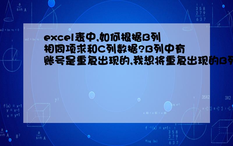 excel表中,如何根据B列相同项求和C列数据?B列中有账号是重复出现的,我想将重复出现的B列账号后面的C列的数值求和!生成的表在B列中不再存在重复账号!C列数值总和与原始表C列总和不变!