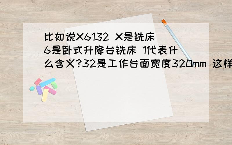 比如说X6132 X是铣床 6是卧式升降台铣床 1代表什么含义?32是工作台面宽度320mm 这样型号第二个数字啥ys