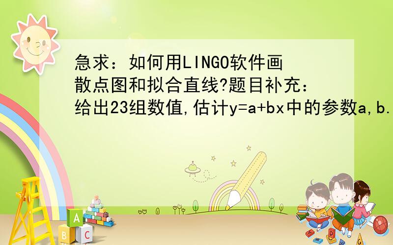 急求：如何用LINGO软件画散点图和拟合直线?题目补充：给出23组数值,估计y=a+bx中的参数a,b.分别用最小1乘法和最小二乘法,并画出散点图和拟合直线.