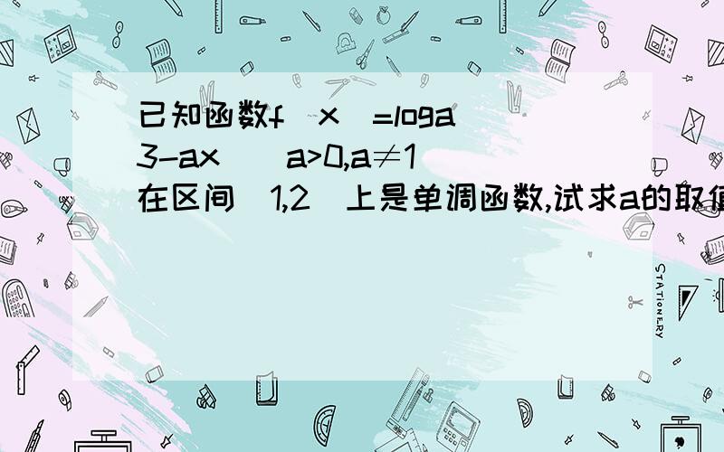 已知函数f(x)=loga(3-ax)(a>0,a≠1）在区间[1,2]上是单调函数,试求a的取值范围