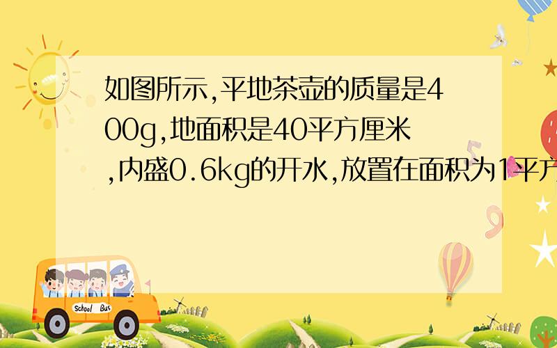 如图所示,平地茶壶的质量是400g,地面积是40平方厘米,内盛0.6kg的开水,放置在面积为1平方米的水平桌面中央.（取g=10N/kg）（1）水对茶壶底部的压力是多大?(2)茶壶对桌面的压强是多大?