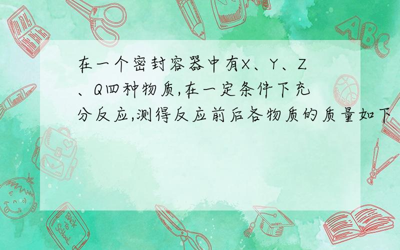 在一个密封容器中有X、Y、Z、Q四种物质,在一定条件下充分反应,测得反应前后各物质的质量如下（表格）：物质 X Y Z Q反应前质量(g) 2 2 84 5反应后质量(g) 待测 24 40 14是判断该密封容器中发生