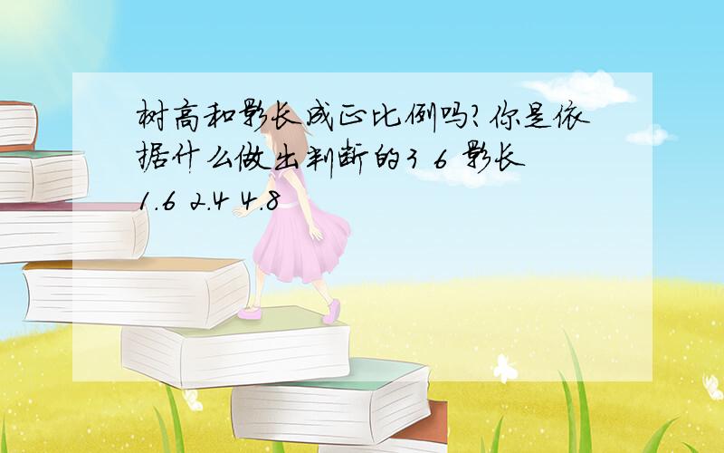 树高和影长成正比例吗?你是依据什么做出判断的3 6 影长1.6 2.4 4.8