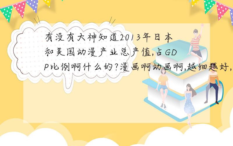 有没有大神知道2013年日本和美国动漫产业总产值,占GDP比例啊什么的?漫画啊动画啊,越细越好,只有个总数也好啊,还有什么升了多少啊,比中国高多少啊,都可以啊,