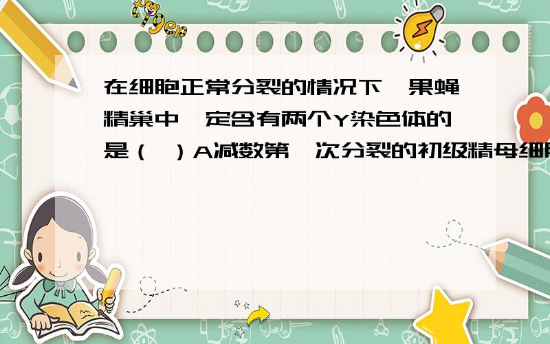 在细胞正常分裂的情况下,果蝇精巢中一定含有两个Y染色体的是（ ）A减数第一次分裂的初级精母细胞B有丝分裂中期的精原细胞C减数第二次分裂的次级精母细胞D有丝分裂后期的精原细胞