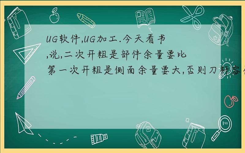 UG软件,UG加工.今天看书,说,二次开粗是部件余量要比第一次开粗是侧面余量要大,否则刀杆容易碰到侧壁造成撞刀,这句话不是很理解.首先,我cavity-mill进行粗加工,部件余量设为0.6如果二次加工