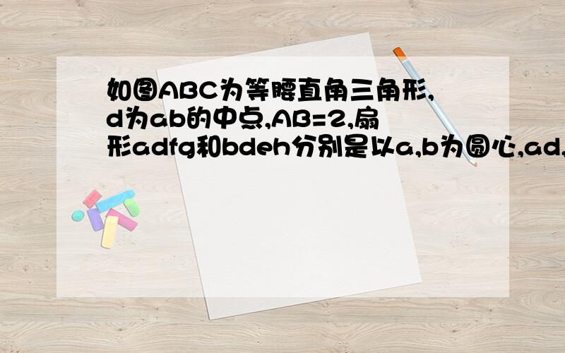 如图ABC为等腰直角三角形,d为ab的中点,AB=2,扇形adfg和bdeh分别是以a,b为圆心,ad,bd为半径的圆的1/4,则阴影部分面积为多少?π取3.14