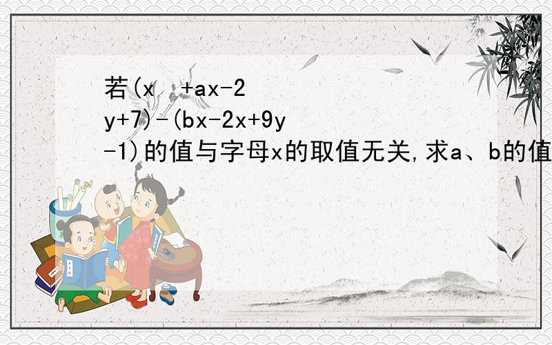 若(x²+ax-2y+7)-(bx-2x+9y-1)的值与字母x的取值无关,求a、b的值.