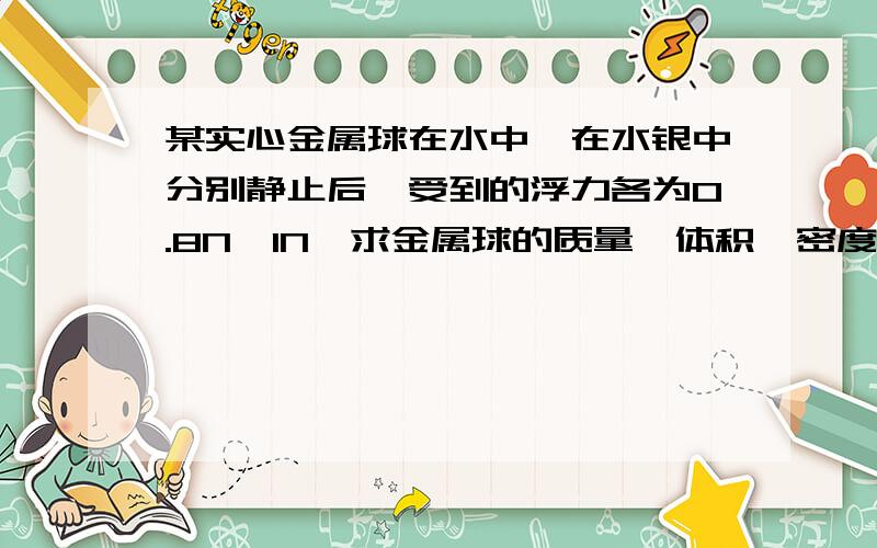 某实心金属球在水中'在水银中分别静止后'受到的浮力各为0.8N、1N'求金属球的质量'体积'密度