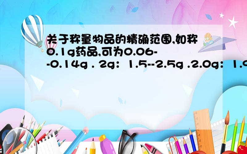 关于称量物品的精确范围,如称0.1g药品,可为0.06--0.14g . 2g：1.5--2.5g .2.0g：1.95-2.005g要规律谢