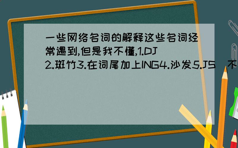 一些网络名词的解释这些名词经常遇到,但是我不懂,1.DJ2.斑竹3.在词尾加上ING4.沙发5.JS(不是歌手JS,但是什么我也母鸡啊)6.花瓶(总说某人在某电视里是花瓶)就这些了,