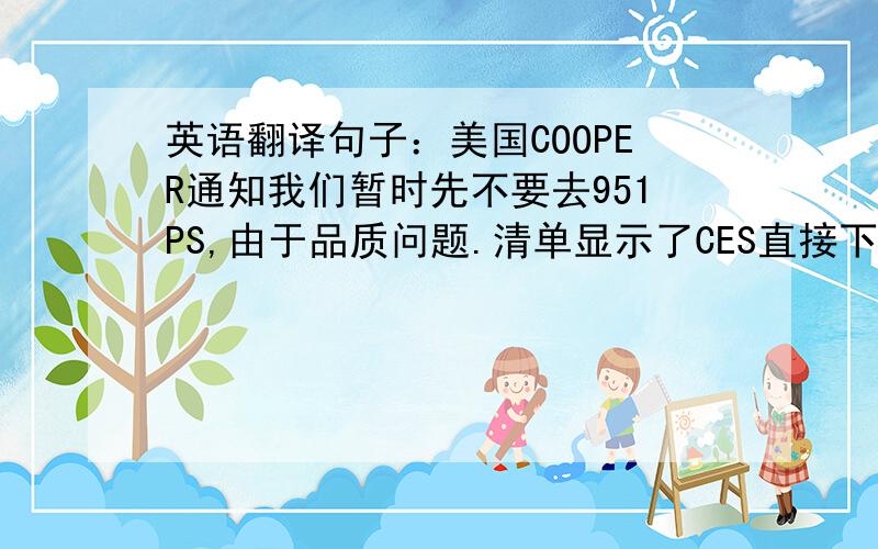 英语翻译句子：美国COOPER通知我们暂时先不要去951PS,由于品质问题.清单显示了CES直接下单给我们的,这些货我们将拉下不出.等品质稳定后才安排出货.以上信息请知悉.