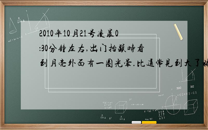 2010年10月21号凌晨0：30分钟左右,出门抬头时看到月亮外面有一圈光晕.比通常见到大了将近10倍左右的光晕,请问这是正常的自然现象吗?为什么会有那么巨大的光晕?有什么特殊的原因吗?