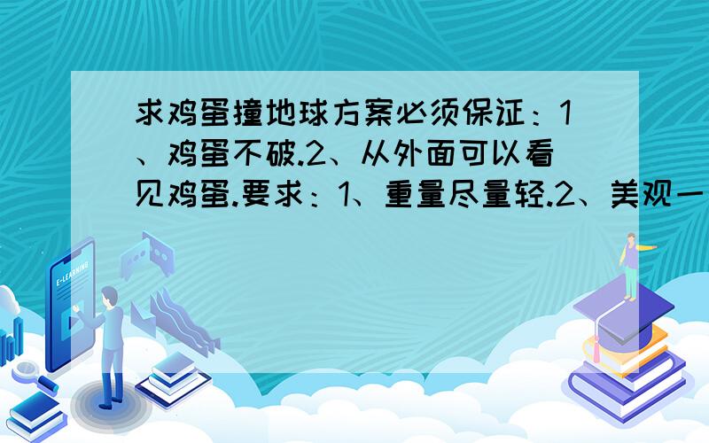 求鸡蛋撞地球方案必须保证：1、鸡蛋不破.2、从外面可以看见鸡蛋.要求：1、重量尽量轻.2、美观一点.3、落地准确一点.从15米高落下