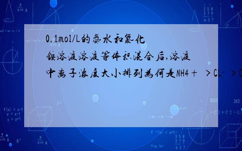 0.1mol/L的氨水和氯化铵溶液溶液等体积混合后,溶液中离子浓度大小排列为何是NH4+ >CL- >OH- >H+