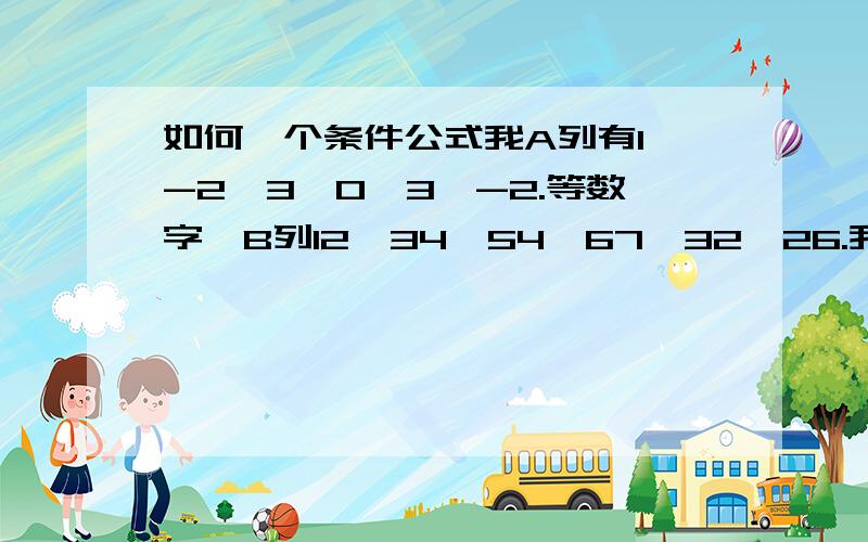 如何一个条件公式我A列有1,-2,3,0,3,-2.等数字,B列12,34,54,67,32,26.我要在别的单元格做一个公式,使A列大于或等于0的单元格后的B列单元格相加（=12+54+67+32).那位知道请不吝赐教 谢谢