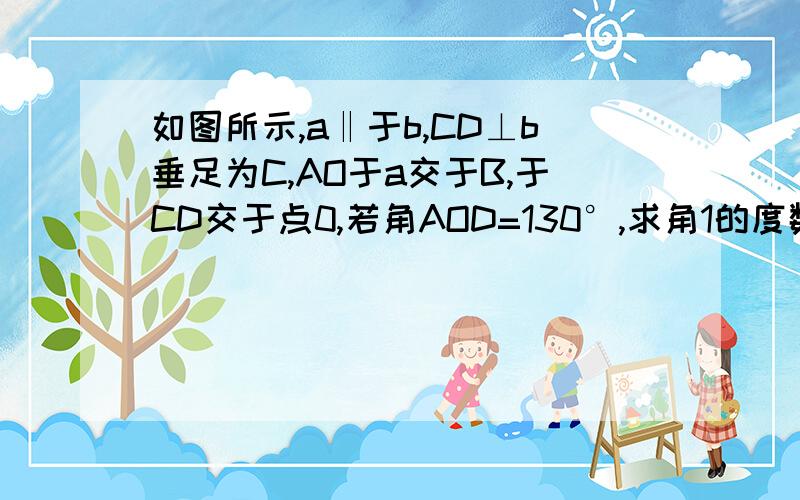 如图所示,a‖于b,CD⊥b垂足为C,AO于a交于B,于CD交于点0,若角AOD=130°,求角1的度数如图