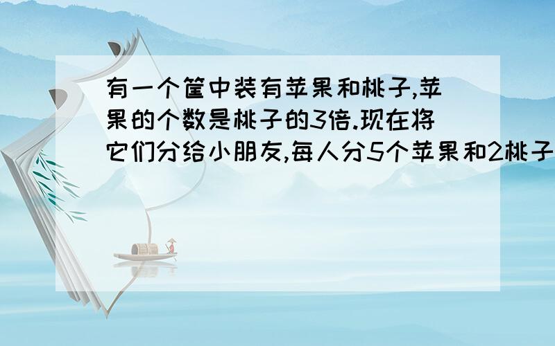 有一个筐中装有苹果和桃子,苹果的个数是桃子的3倍.现在将它们分给小朋友,每人分5个苹果和2桃子,最后正好把桃子分完,而苹果还剩11个.求筐中原有苹果和桃子各多少个?