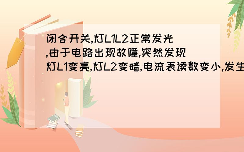 闭合开关,灯L1L2正常发光,由于电路出现故障,突然发现灯L1变亮,灯L2变暗,电流表读数变小,发生故障的可能是 R1断路我想问的是我画红线那部分电路是不是将R3 R2短路,等效电路图画的对么,这种