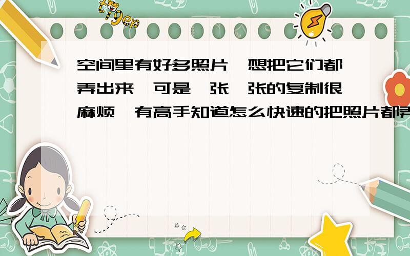 空间里有好多照片,想把它们都弄出来,可是一张一张的复制很麻烦,有高手知道怎么快速的把照片都弄出来吗尽量说得具体点,