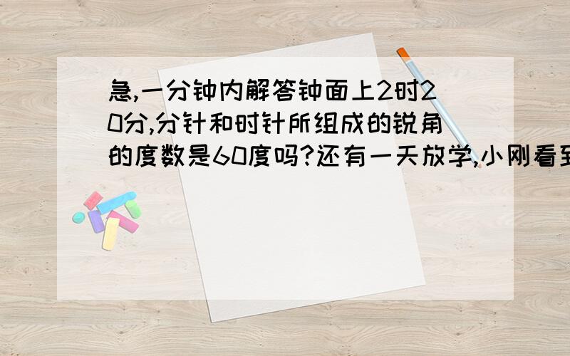 急,一分钟内解答钟面上2时20分,分针和时针所组成的锐角的度数是60度吗?还有一天放学,小刚看到手表上分针和时针所组成的角的度数是150度,你知道小刚几时放学吗?