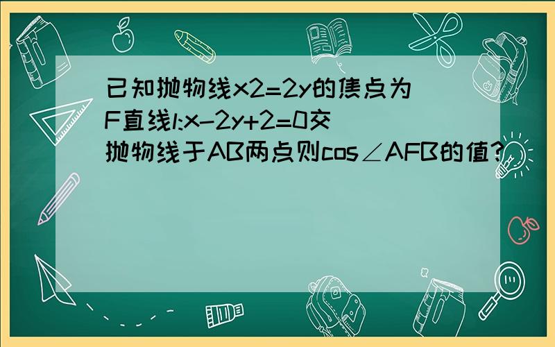 已知抛物线x2=2y的焦点为F直线l:x-2y+2=0交抛物线于AB两点则cos∠AFB的值?