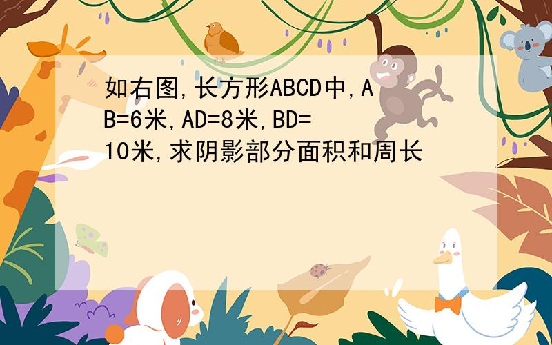 如右图,长方形ABCD中,AB=6米,AD=8米,BD=10米,求阴影部分面积和周长