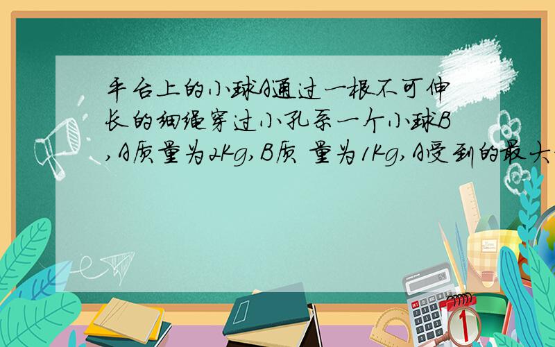 平台上的小球A通过一根不可伸长的细绳穿过小孔系一个小球B,A质量为2Kg,B质 量为1Kg,A受到的最大静摩擦力为5N,要使A做匀速圆周运动,求A角速度的范围.请详细分析两种情况。A的角速度较小时