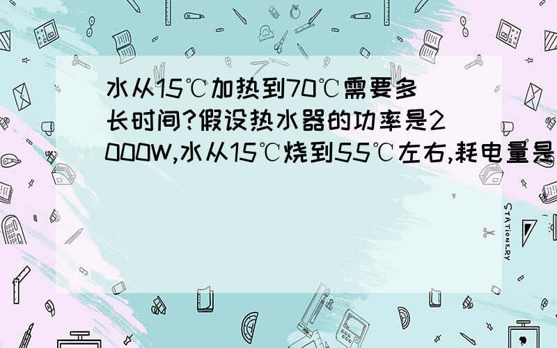 水从15℃加热到70℃需要多长时间?假设热水器的功率是2000W,水从15℃烧到55℃左右,耗电量是多少度?已知条件：水80L 热水器2000W 水温15~55℃我们宿舍有热水器.额定功率2000W（3D模式3000W）,每个月