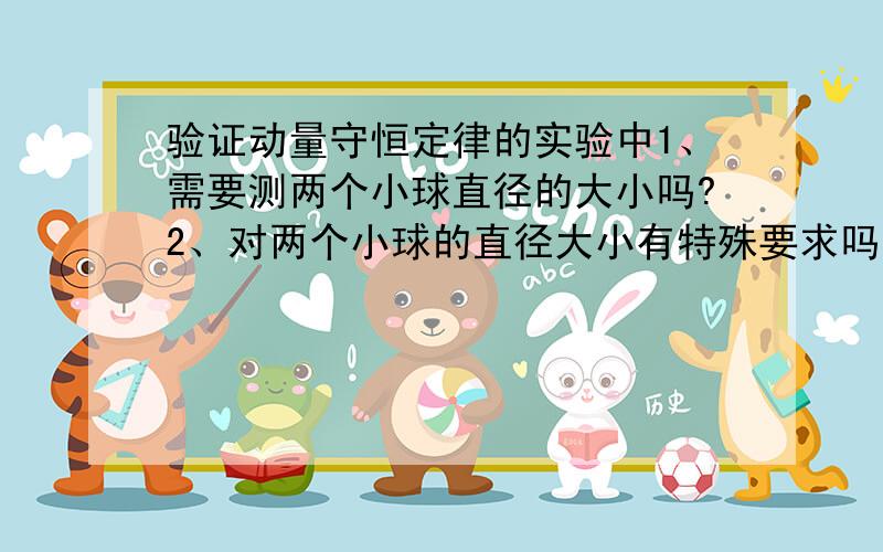 验证动量守恒定律的实验中1、需要测两个小球直径的大小吗?2、对两个小球的直径大小有特殊要求吗?3、两个小球的直径要求被碰小球的直径要稍小点吗?