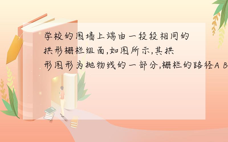 学校的围墙上端由一段段相同的拱形栅栏组面,如图所示,其拱形图形为抛物线的一部分,栅栏的路径A B间,按相同的间距0.2米用5根立柱加固,拱高OC为0.6米,以O为原点,OC所在的直线为y轴建立平面