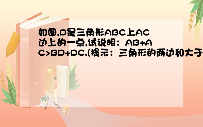 如图,D是三角形ABC上AC边上的一点,试说明：AB+AC>BD+DC.(提示：三角形的两边和大于第三边)