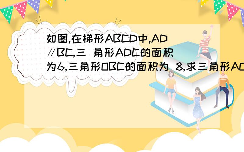 如图,在梯形ABCD中,AD∥BC,三 角形ADC的面积为6,三角形OBC的面积为 8,求三角形AOD AOB的面积是比例线段那一块的