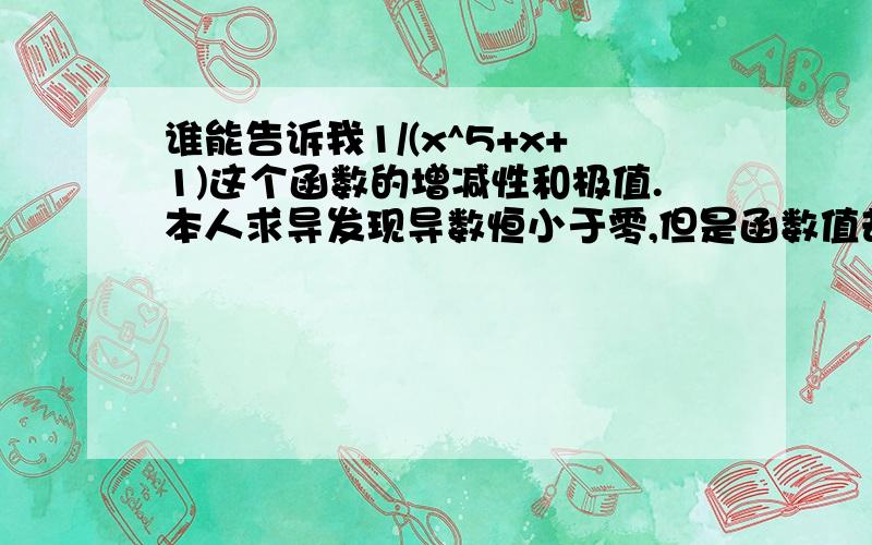 谁能告诉我1/(x^5+x+1)这个函数的增减性和极值.本人求导发现导数恒小于零,但是函数值却不递减