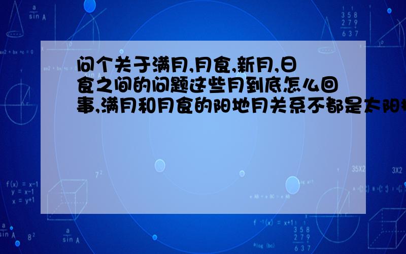 问个关于满月,月食,新月,日食之间的问题这些月到底怎么回事,满月和月食的阳地月关系不都是太阳排前,地球居中,月亮最后吗?为什么月食会被地球的阴影遮住,日食和新月也是,阳地月关系都