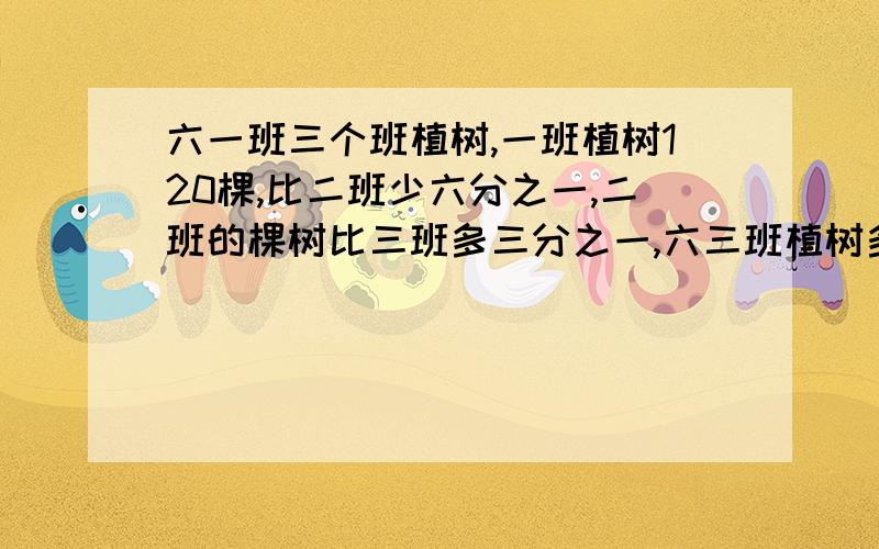 六一班三个班植树,一班植树120棵,比二班少六分之一,二班的棵树比三班多三分之一,六三班植树多少棵?