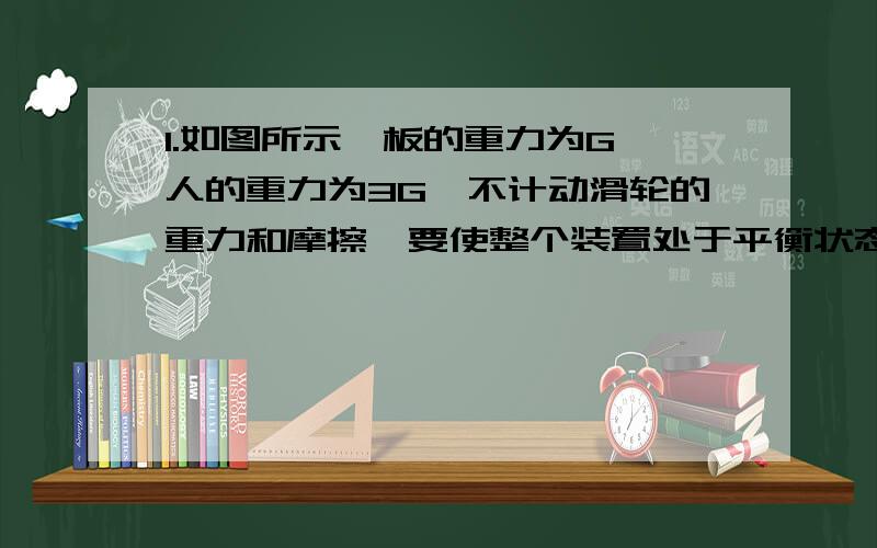 1.如图所示,板的重力为G,人的重力为3G,不计动滑轮的重力和摩擦,要使整个装置处于平衡状态,则人的拉力为______.2.拉同一物体在同一水平面上做匀速直线运动,已知物体重40N,摩擦力为10N,则由图