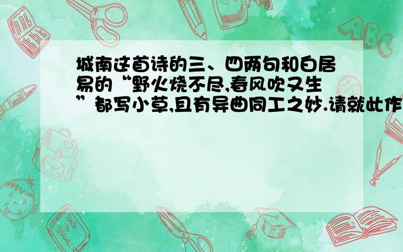 城南这首诗的三、四两句和白居易的“野火烧不尽,春风吹又生”都写小草,且有异曲同工之妙.请就此作比较