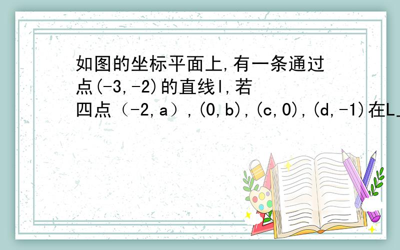 如图的坐标平面上,有一条通过点(-3,-2)的直线l,若四点（-2,a）,(0,b),(c,0),(d,-1)在L上,则下列数值的判断,何者正确（）A,a=3.B,b>-2.C,c<-3.D,d=2