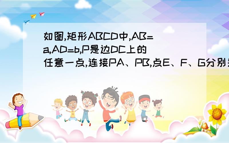 如图,矩形ABCD中,AB=a,AD=b,P是边DC上的任意一点,连接PA、PB,点E、F、G分别是AB、BP、PA的中点．（1）求证：四边形EFPG是平行四边形；（2）试猜想：当P位于什么位置时,四边形EFPG是菱形?并证明猜