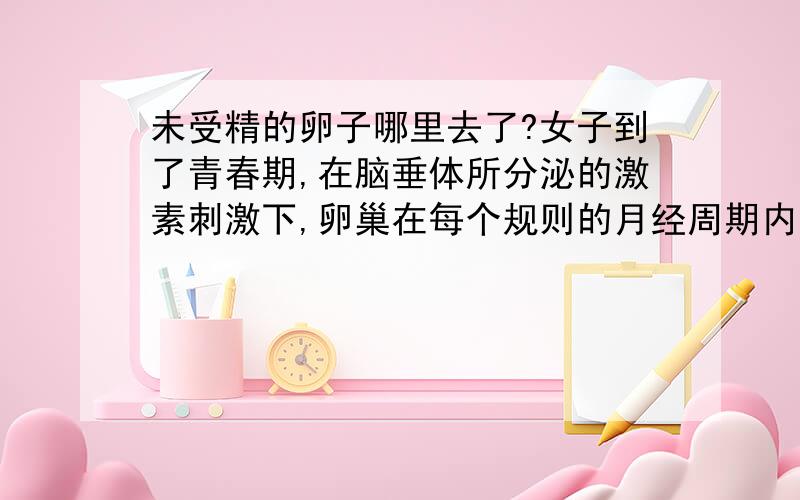 未受精的卵子哪里去了?女子到了青春期,在脑垂体所分泌的激素刺激下,卵巢在每个规则的月经周期内,都有一个成熟卵子排出.排卵时间在月经周期的第13-15天之间,一般不能在短时间内多次排