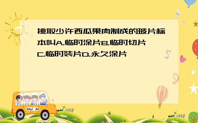 挑取少许西瓜果肉制成的玻片标本叫A.临时涂片B.临时切片C.临时装片D.永久涂片