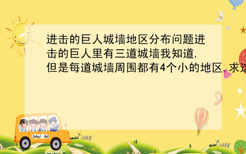 进击的巨人城墙地区分布问题进击的巨人里有三道城墙我知道,但是每道城墙周围都有4个小的地区,求这些地区的名字.貌似所有的小地区名称还没有公布完全,【3道墙,一道墙周围4个小地区,一