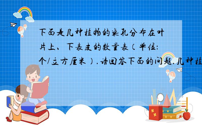 下面是几种植物的气孔分布在叶片上、下表皮的数量表（单位：个/立方厘米）.请回答下面的问题.几种植物的气孔在上、下表皮的分布数量如表（单位：个/mm2）植物种类 叶上表皮 叶下表皮