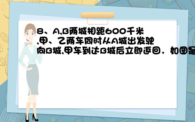 8、A,B两城相距600千米,甲、乙两车同时从A城出发驶向B城,甲车到达B城后立即返回．如图是它们离A城的距离y（千米）与行驶时间x（小时）之间的函数图象． （1）求甲车行驶过程中y与x之间的