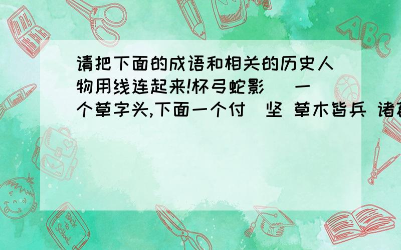 请把下面的成语和相关的历史人物用线连起来!杯弓蛇影 （一个草字头,下面一个付）坚 草木皆兵 诸葛亮程门立雪 乐广初出茅庐 杨时